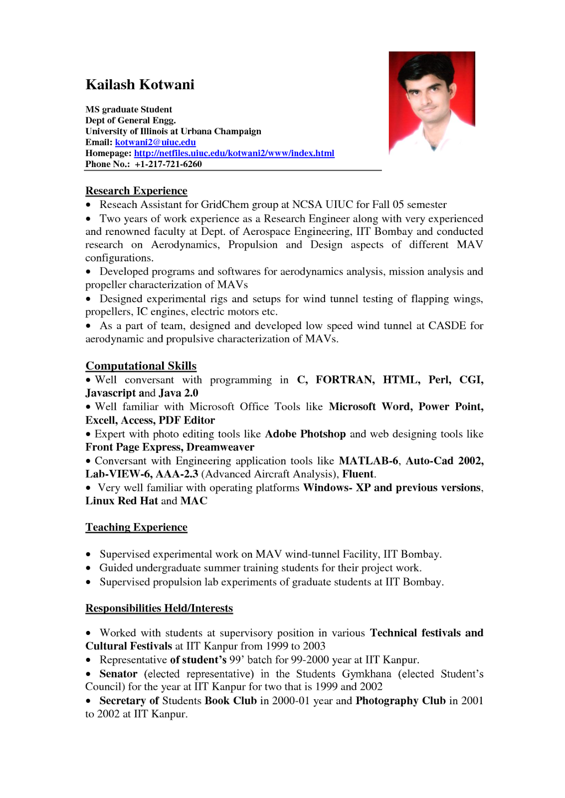 Resume for mca students sample